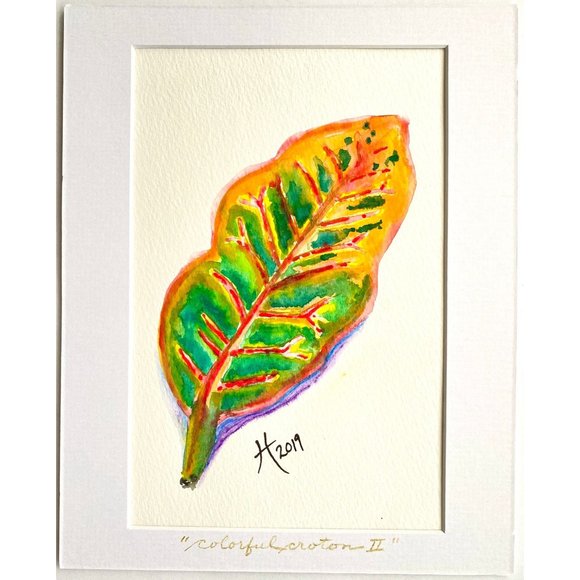 Colorful Croton II - Original Art Acrylic Marker Leaf Painting 8”x10” White Mat - Picture 2 of 8